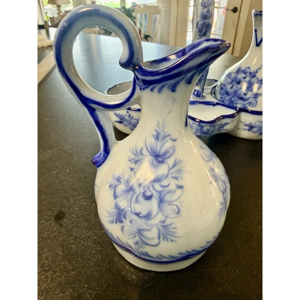 Vintage Pedros Alcobaça Portugal Blue White Cruet Set Oil Vinegar Caddy